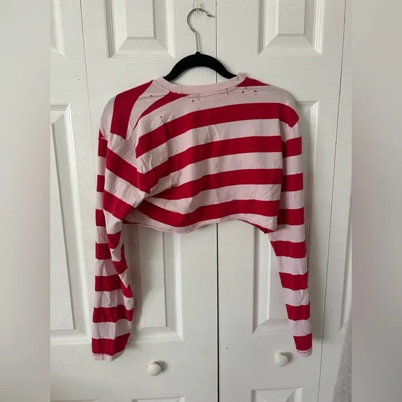 Vintage Red and Light Pink Striped Distressed Long Sleeve Crop Top - Picture 2 of 3